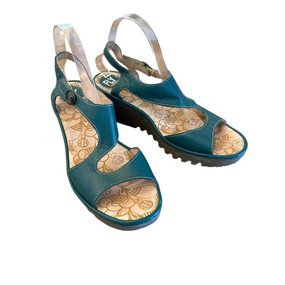 Fly London Yax Slingback Platform Wedge Sandal Green Leather Size‎ 42 / 11 - Picture 1 of 9